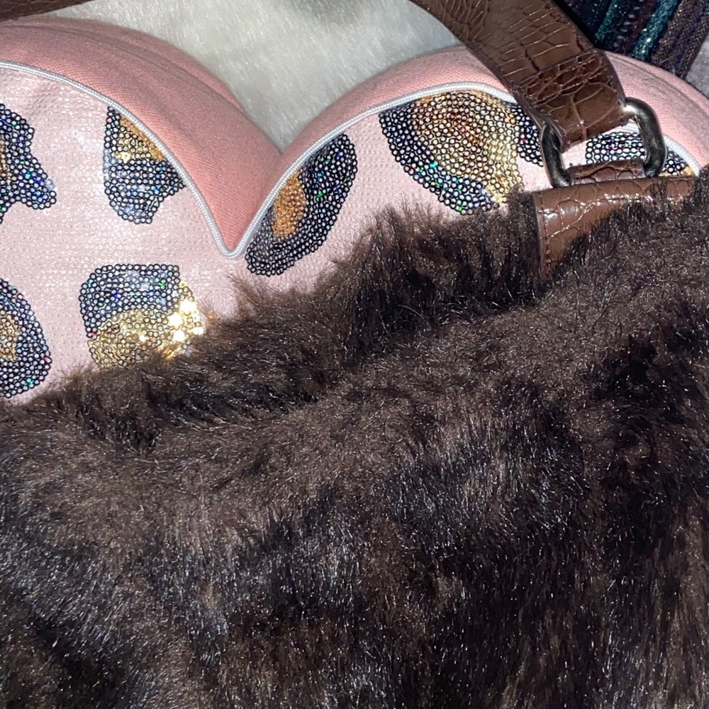 VTG RARE - Large Dark Brown Faux Fur & Leather Shoulder Bag - Picture 8 of 12
